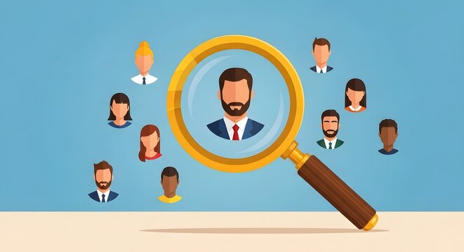 Searching for the right candidate illustration with a magnifying glass and diverse faces - Powered by Adobe