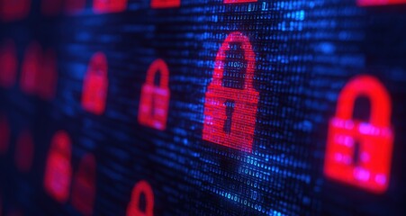 Digital padlocks representing data encryption, information protection, and network security against cyber threats