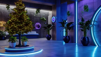 Fototapeta premium Modern Indoor Space with Christmas Tree and Vibrant Neon Lights for Festive Decor Inspiration