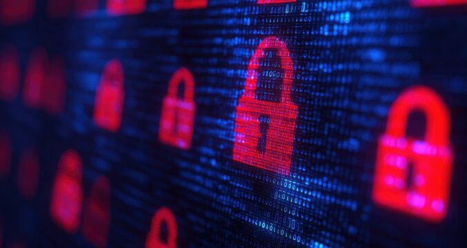 Digital padlocks representing data encryption, information protection, and network security against cyber threats