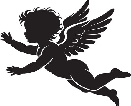 Black silhouette of a winged cherub flying with outstretched arms and legs on white background