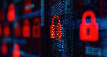 Red digital lock icons encrypting data on a screen, representing a secured network and online privacy