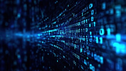 Data stream of glowing blue binary code numbers and digits moving across a screen, representing digital information