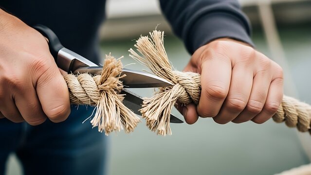 Severing ties concept shown by scissors cutting a thick twisted rope