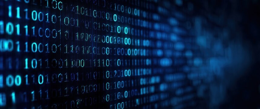 Binary code numbers flowing on a blue screen creating a futuristic data stream representing cybersecurity and network information - Powered by Adobe
