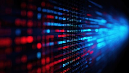 Illuminating binary code with red and blue elements transforming into abstract light stream, symbolizing fast digital data flow