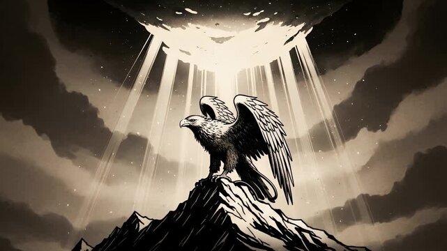 Power and Majesty Eagle on Mountain Peak Under Divine Light Rays