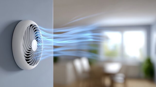 A white wall-mounted ventilation unit projecting streams of blue, cool air across a modern, blurred room interior.