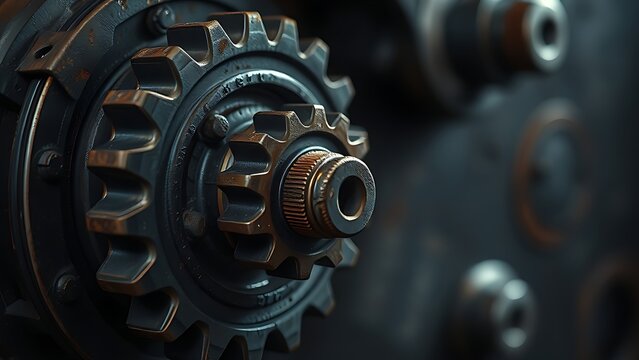susceptibility. A rusted mechanical gear assembly with one jammed gear, metallic textures, industrial aesthetic. safety posters.