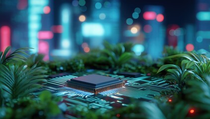 Futuristic microchip surrounded by green plants with neon cityscape background for technology and environmental concepts. High quality photo
