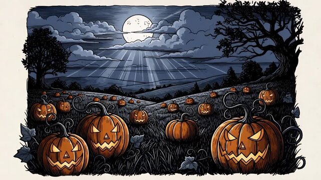 Spooky Halloween pumpkin patch at night under a giant full moon light beams