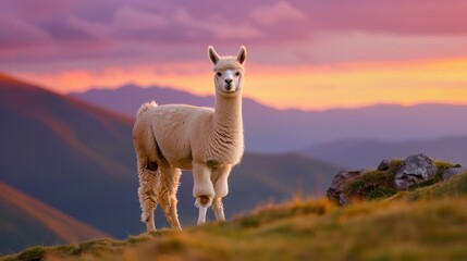 Obraz premium Serene Alpaca Standing on Hilltop Against Beautiful Sunset with Majestic Mountains in Background