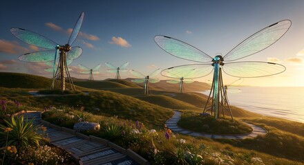 Large metallic dragonfly sculptures on grassy hill by serene ocean at sunset with winding path and vibrant flowers