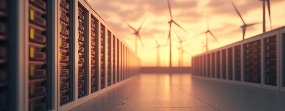 Data center server racks with wind turbines in background at sunset concept for green energy and sustainable technology solutions. High quality photo - Powered by Adobe