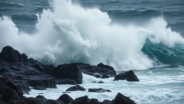 planck. A massive ocean wave crashing against dark coastal rocks during a storm. travel magazines, destination branding, designed for outdoor magazines and nature guides, inspires travel planning.