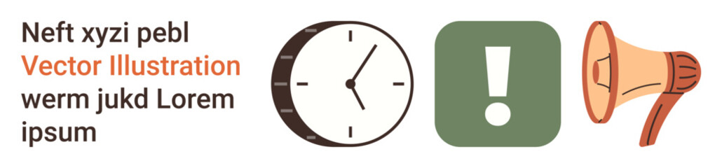 Time management, urgency, communication, warnings, reminders, alerts. An analog clock, exclamation icon and megaphone in a flat design. Time management and urgency concepts