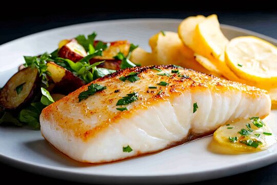 Pan seared fish fillet with roasted potatoes and lemon
