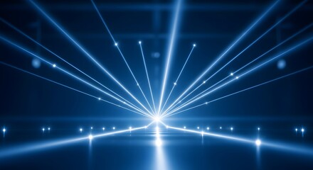 Obraz premium Abstract 3D illustration of bright blue glowing laser lines emitting from a single point on a dark reflective floor