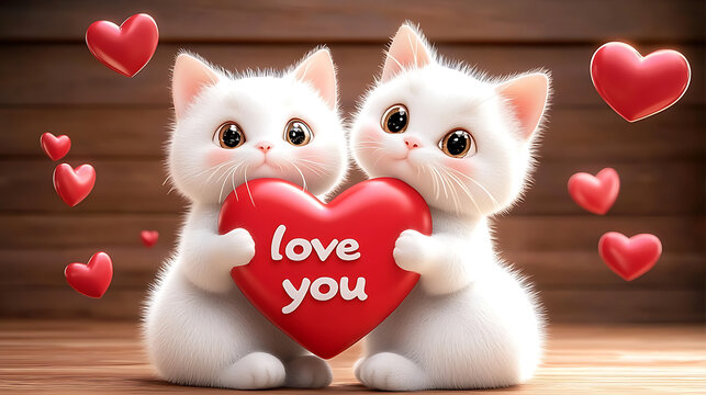 Two cute white cats holding red heart with love you text, 3d render cartoon kittens, suitable for Valentine greeting card or friendship theme design, sweet pet couple illustration
