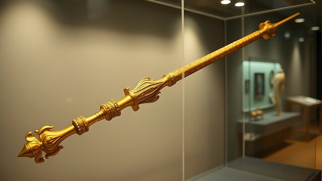 glaive. A ceremonial gilded glaive with carved shaft displayed in a museum. event programs, museum guides, designed for cultural heritage projects and event programs, preserves heritage.