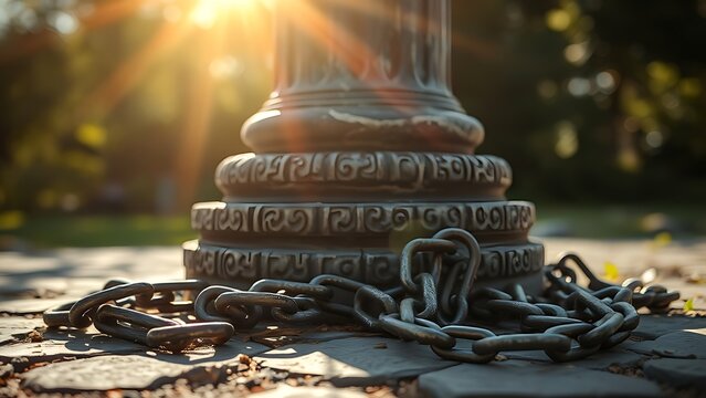 liberated. Broken iron chains at the base of a stone pedestal in bright sunlight, symbol of freedom. event programs, museum guides, designed for cultural heritage projects and event programs.