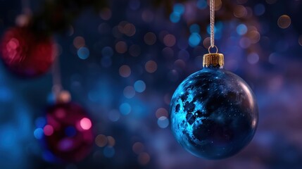 Fototapeta premium Blue Moon Ornament Featuring Stars Hanging with Bokeh Background for Festive Holiday Season Decoration