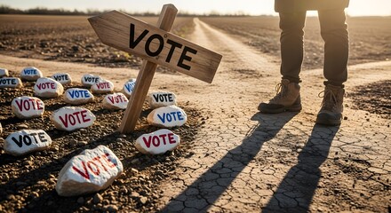 A person standing at a dusty crossroad with a wooden VOTE sign and stones painted with VOTE in red and blue