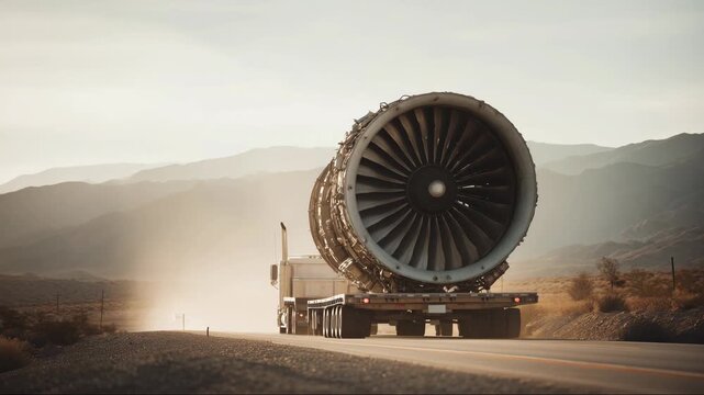 Massive Jet Engine on Flatbed Truck on Desert Highway