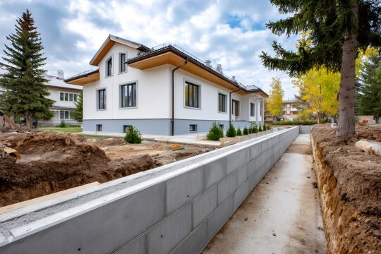 House retaining wall construction with excavated trench