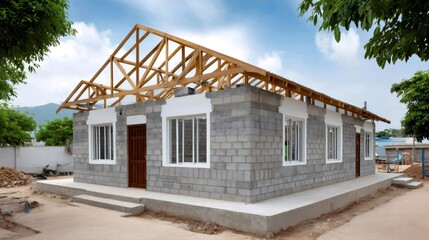 Obraz premium Cinder block house construction with wooden roof truss
