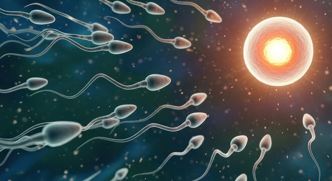 Microscopic journey: Spermatozoa race towards the ovum in a vibrant depiction of fertilization