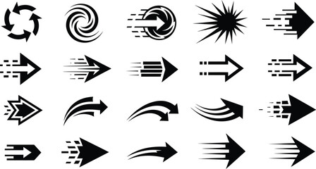 A collection of 20 distinct black arrow icons showcasing various forms of movement, speed, and direction with stylized effects.