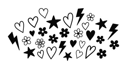 A scattered collection of black and white hand drawn icons including hearts stars flowers and lightning bolts high quality