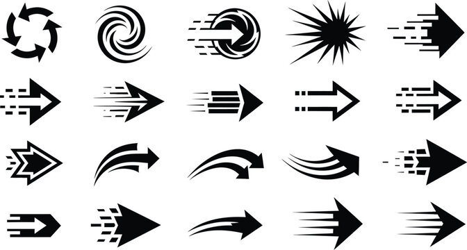 A collection of 20 distinct black arrow icons showcasing various forms of movement, speed, and direction with stylized effects.
