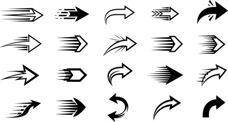 Assortment of 20 black arrow icons in various styles, including speed lines, curves, and circular motion, representing progress and direction.