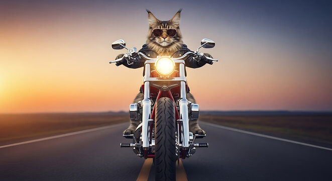 A cat riding a motorcycle down an open road at sunset with a peaceful landscape surrounding it