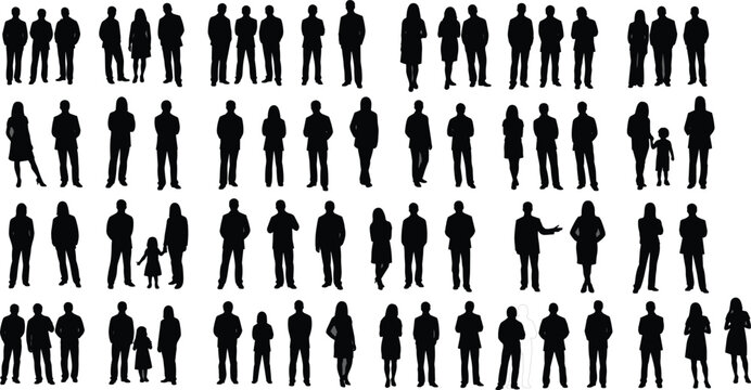 Large Black Silhouette Vector Set of Diverse People Men and Women Standing in Professional Poses Isolated on White Background for Architectural Entourage and Graphic Design