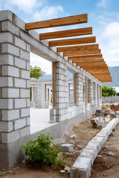 Building a new house structure with concrete blocks and wooden beams
