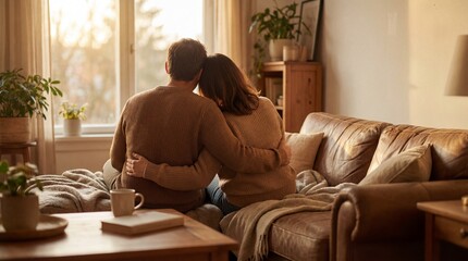 Obraz premium Couple embracing on a couch looking out the window at sunset, cozy home interior.