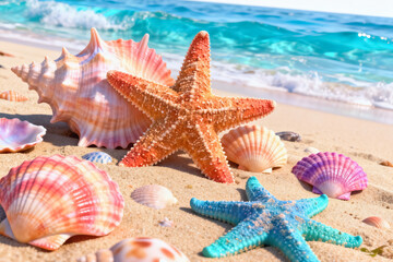 Colorful Seastars and Seashells on Sandy Beach