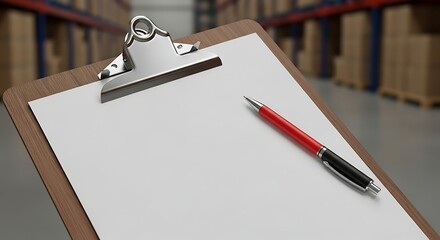 Clipboard with Pen in Warehouse Storage Area Ready for Inventory Check.