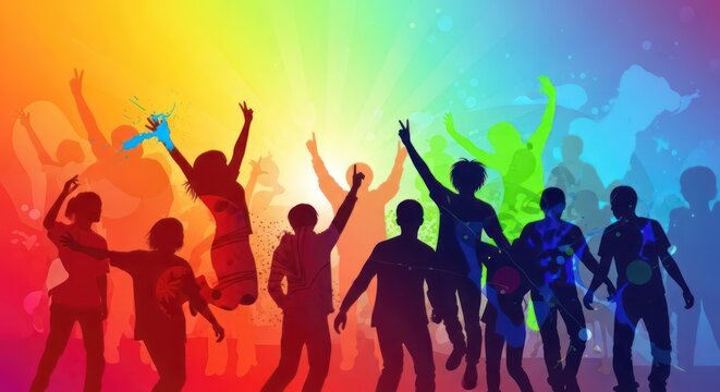Silhouettes of people dancing with vibrant, colorful background. The scene is lively and full of energy, capturing a moment of celebration or festivity.