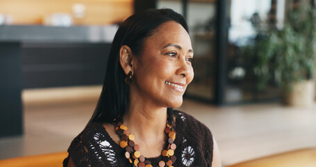 Mature woman, smile and thinking in lounge, morning reflection and remember happy memory for...