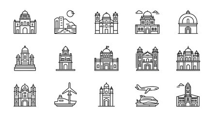 Fototapeta premium Collection of minimalist outline icons featuring famous global architectural landmarks, historical buildings, diverse travel destinations, and essential transport symbols for digital projects