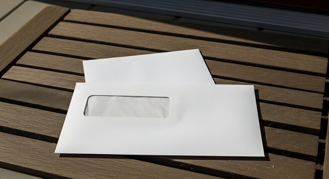 Two white envelopes with window, one on top of the other, on a wooden surface.