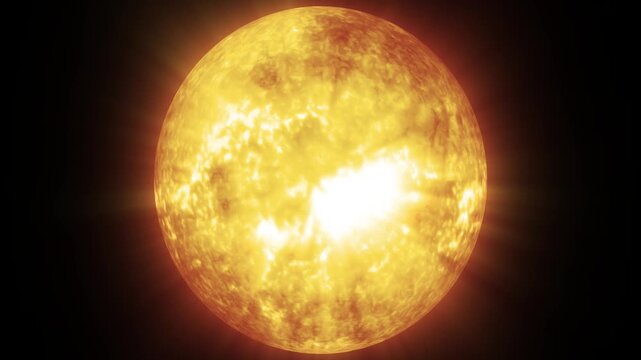Bright, glowing sun in a starry space background, radiating light and warmth, showcasing its vibrant yellow color and solar flares.