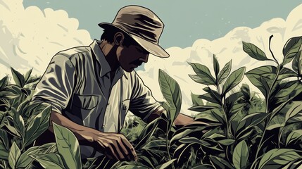 Fototapeta premium Farmer Inspecting Crops in Lush Field.