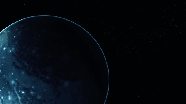 Glowing blue Pluto planet in space with a dark starry background