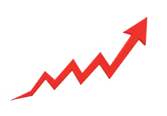 A red jagged arrow pointing upwards, symbolizing growth, success, and positive trends in finance or business, isolated on transparent background