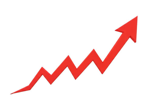 A red jagged arrow pointing upwards, symbolizing growth, success, and positive trends in finance or business, isolated on transparent background